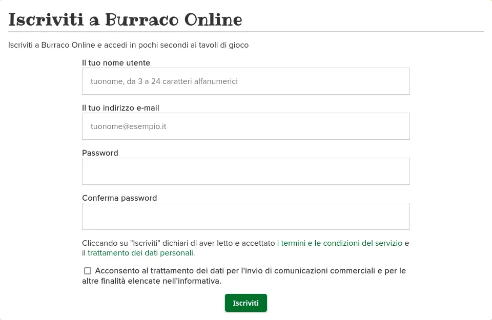 Registrarsi per giocare a Burraco online